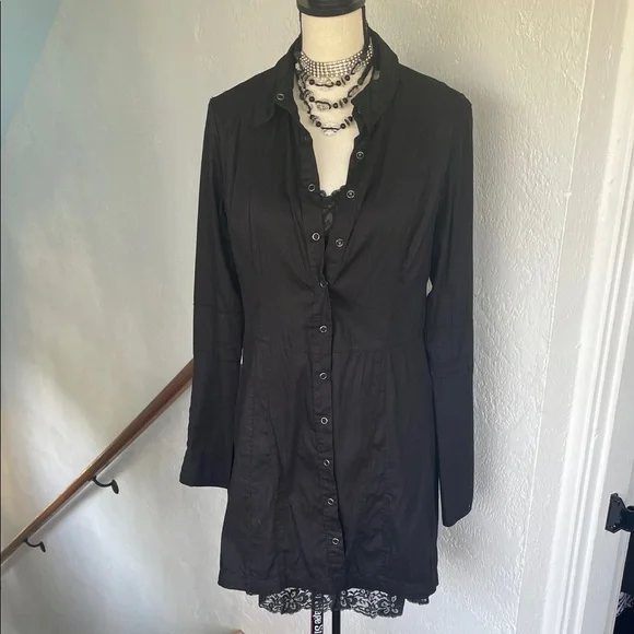 Free People NWOT Black Button-Up Long Sleeve Shirt Dress Medium - Picture 2 of 6